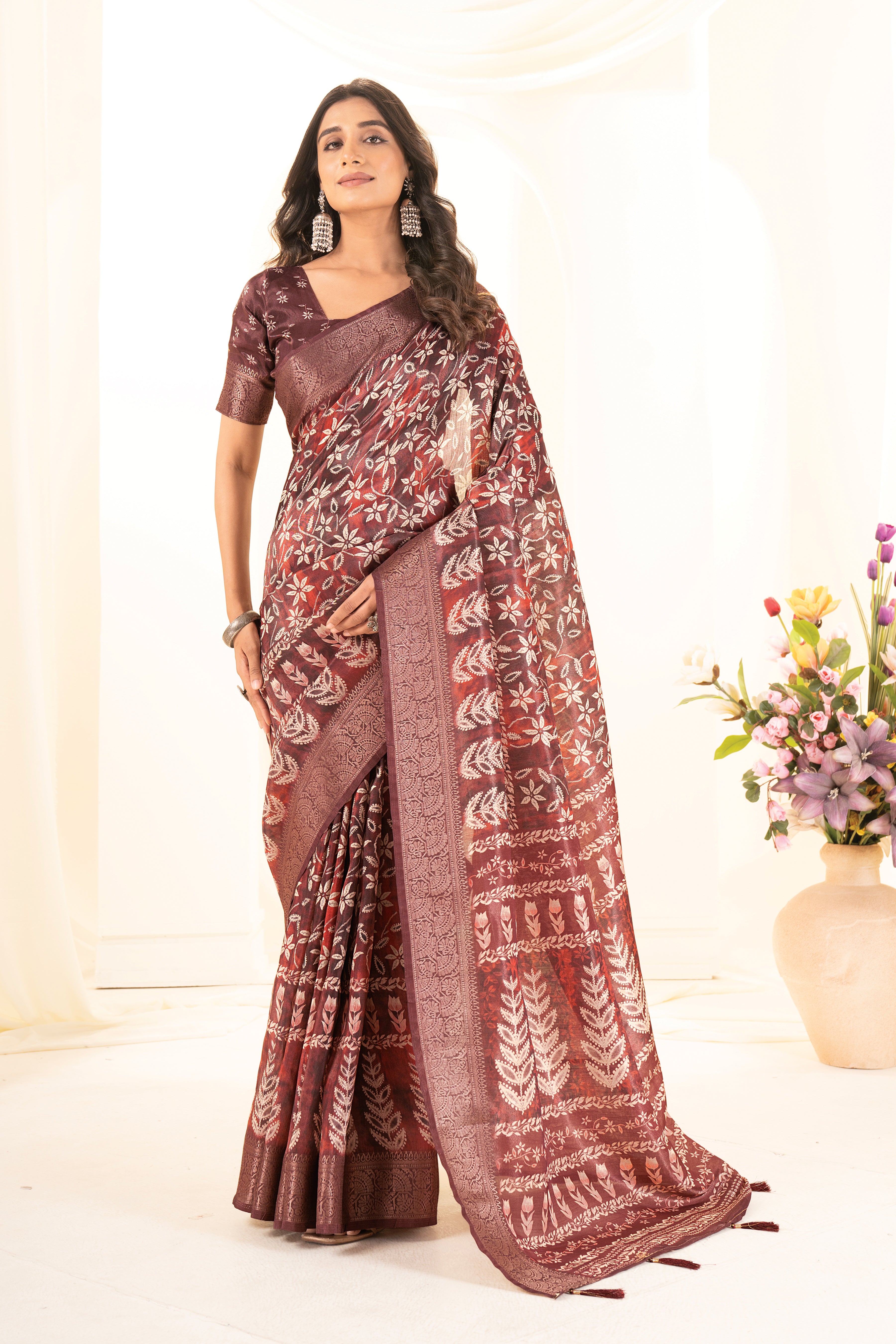 Light Maroon Tussar Silk Ajrak Saree